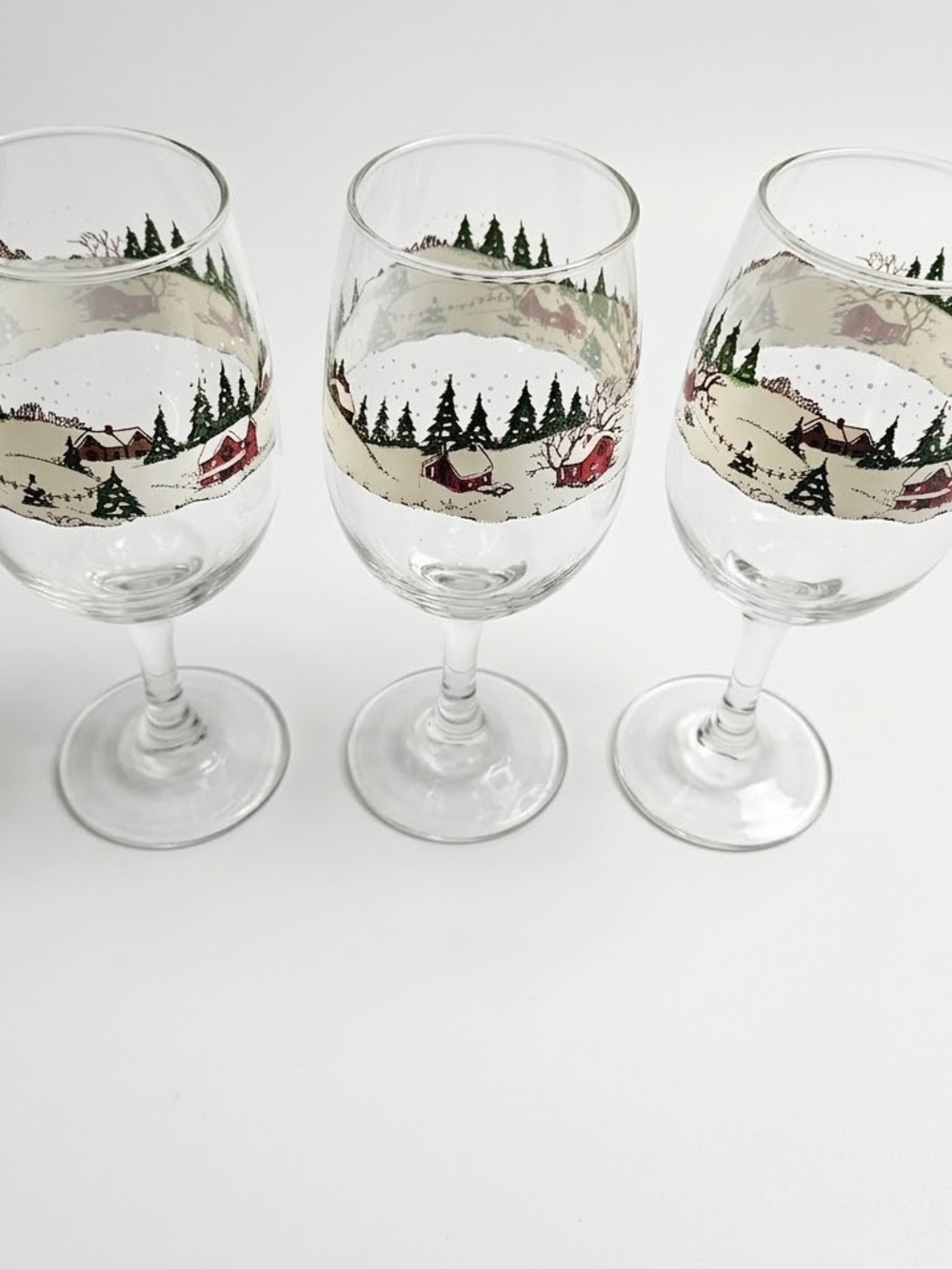 Vintage Winter Wonderland Wine Glasses Set of 3 Christmas Red Barn Holiday Decor